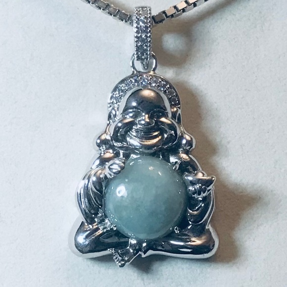 Sterling Silver Genuine Green Jade Smiling Buddha Pendant - Picture 3 of 14